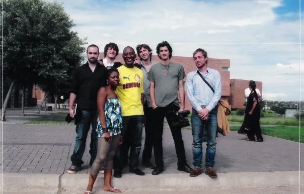 Marco Miraglia in Soweto, South Africa, around 2005, with directors Giovanni Aloi and Andrea Barone and jazz musician Andrea Grillini