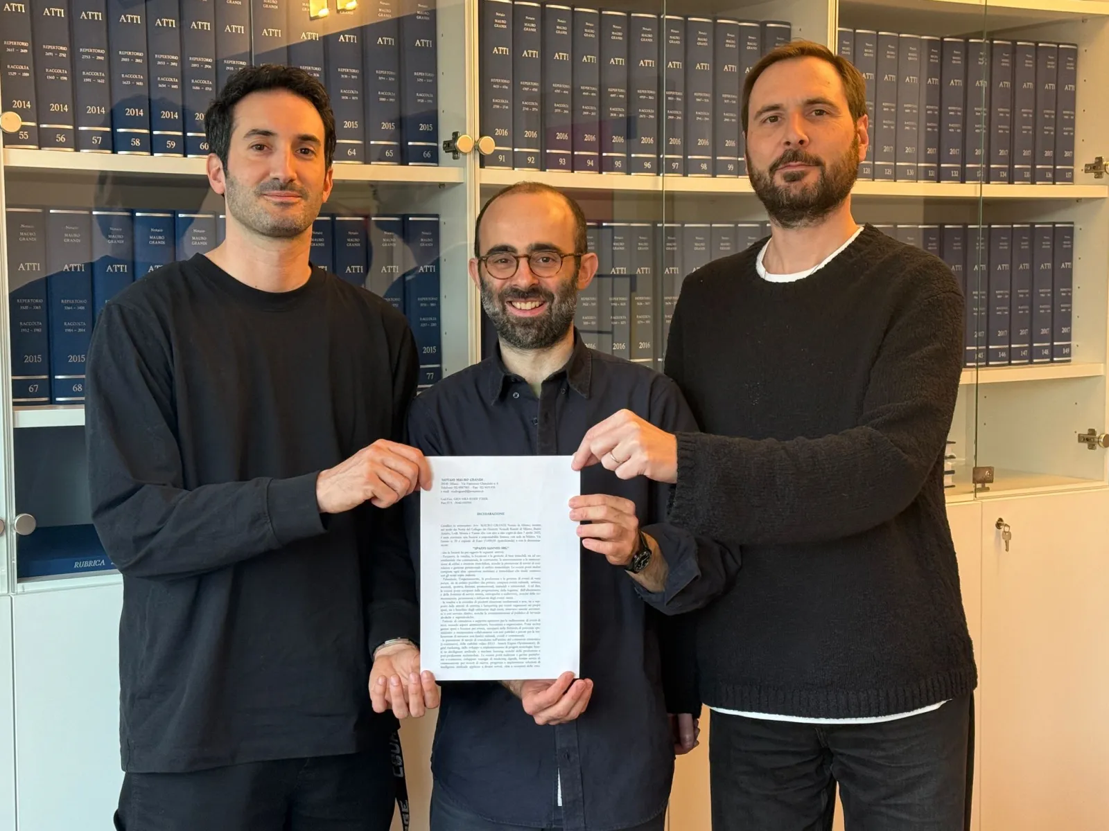 Marco Miraglia with Davide Caselli and Angelo Antonio Lorusso, the three founders of Spazio Sannio, at the notary in 2026