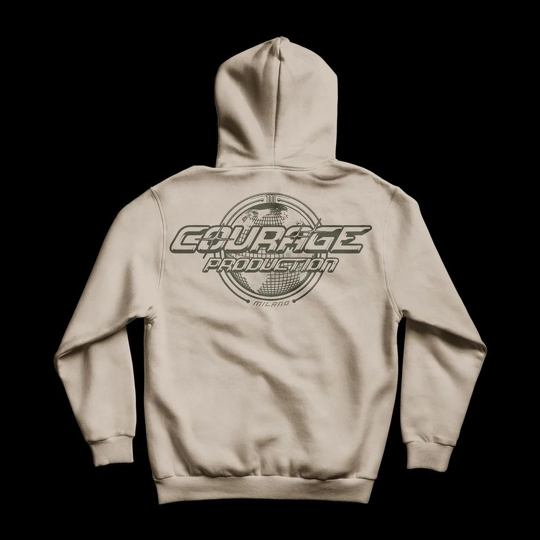 Courage Milano FW23 — sand hoodie with Courage Production Milano globe graphic