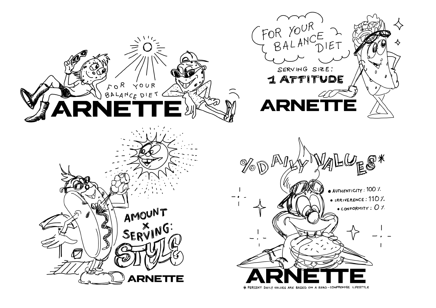 Arnette × Marcello Mosca — early character sketches, page 1