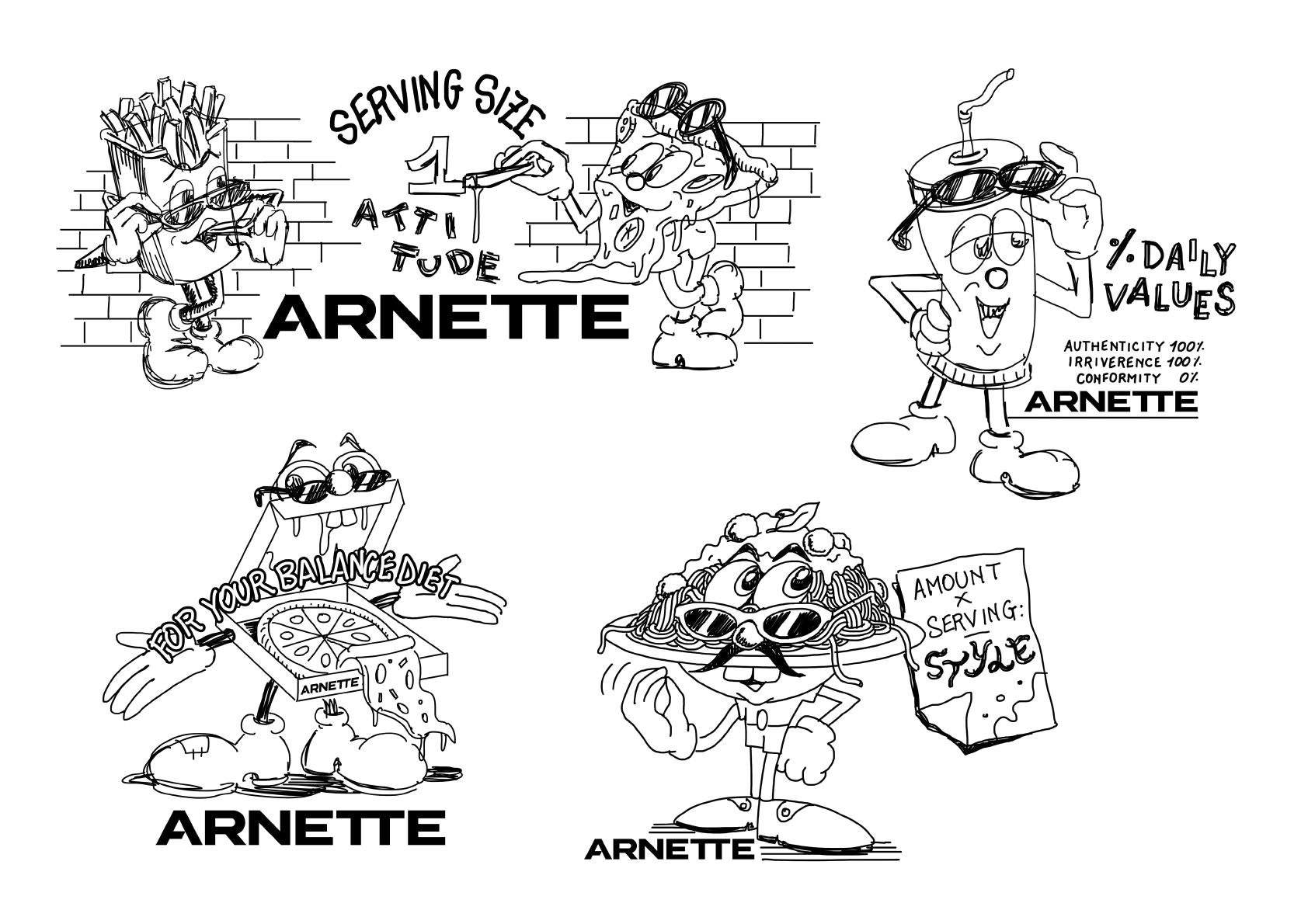 Arnette × Marcello Mosca — early character sketches, page 2