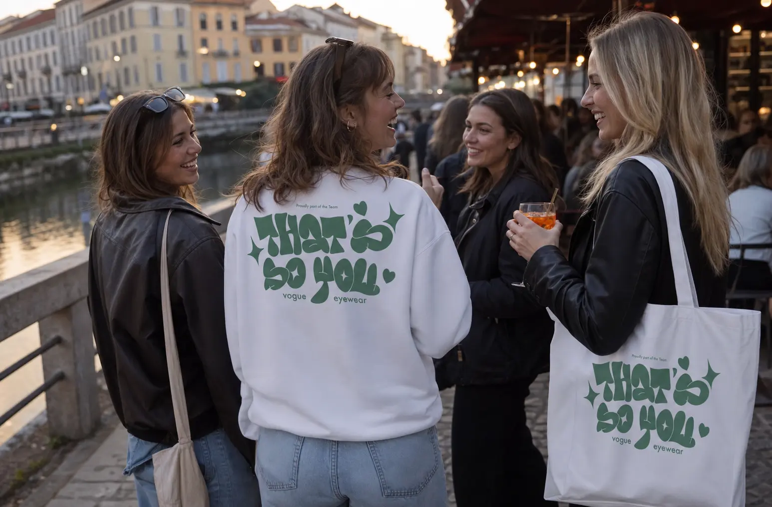 Vogue Eyewear team merch — Navigli sunset, sweatshirt back and tote